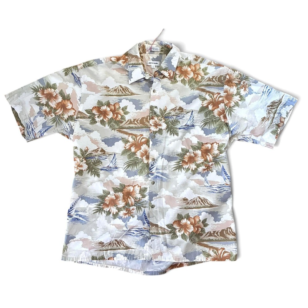 Vintage 80s Pierre Cardin Hawaiian Shirt Large‎ Sailboats Beige Blue 100% Cotton
